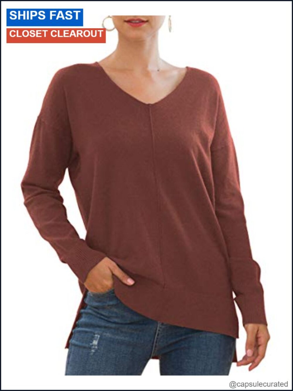 Womens V Neck Loose Fit Lightweight Knit Pullover Sweater